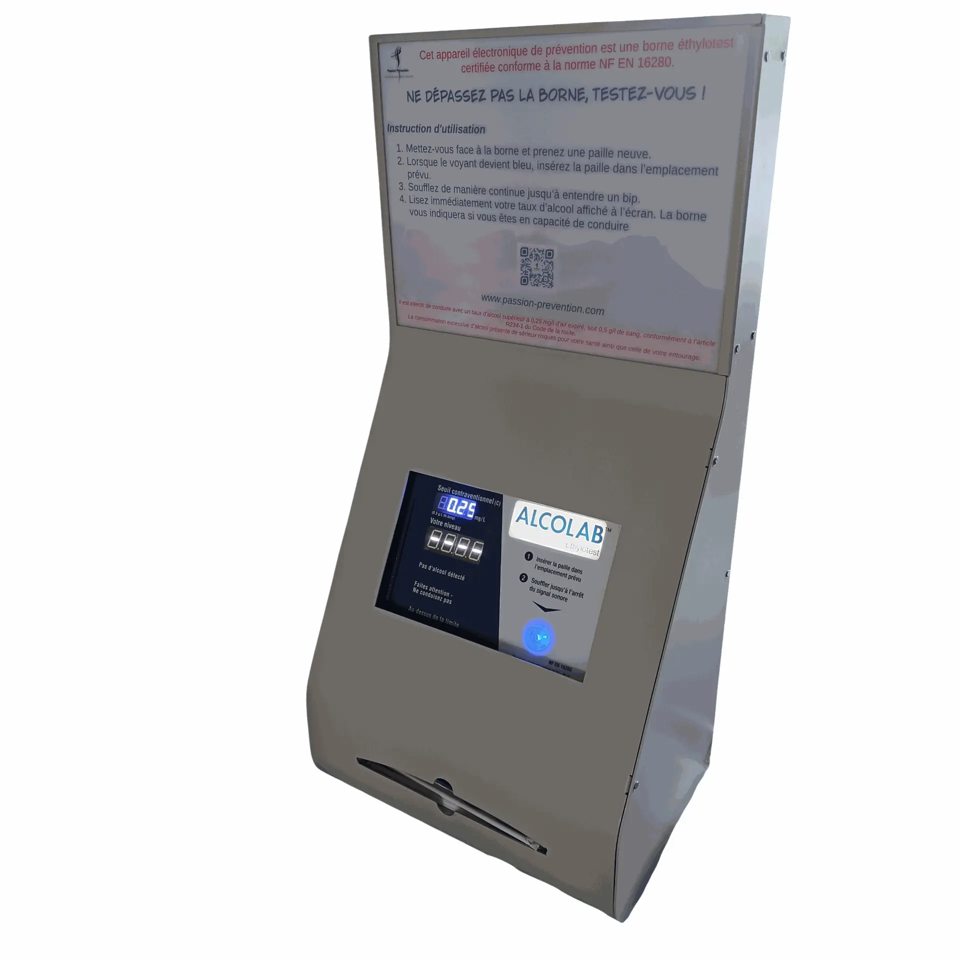 Borne éthylotest utilisée pour la sensibilisation à la prévention routière lors d’un événement ou en entreprise.