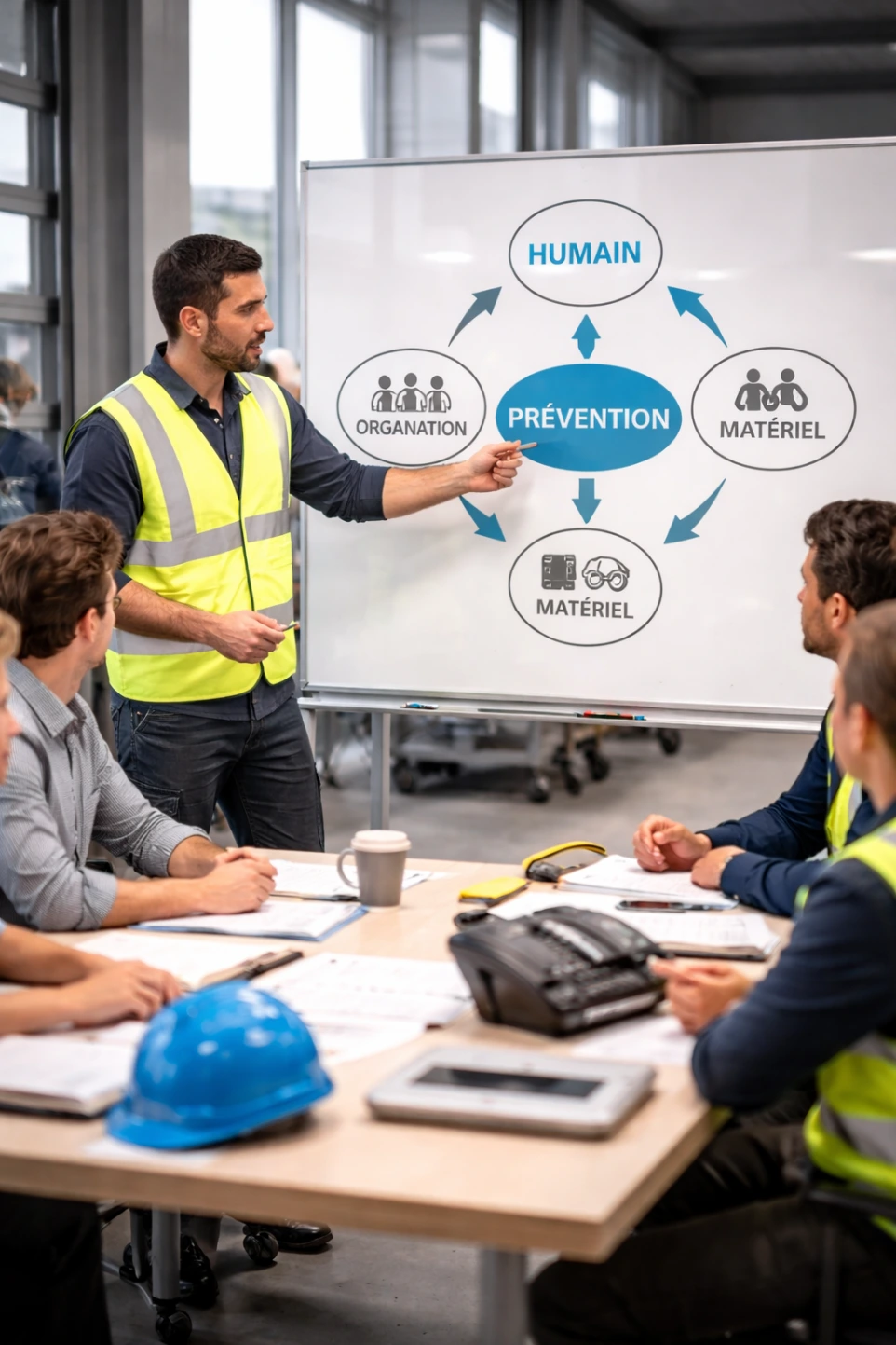 Réunion de formation en prévention des risques professionnels avec présentation d’une approche transversale intégrant facteurs humains, organisationnels et matériels.