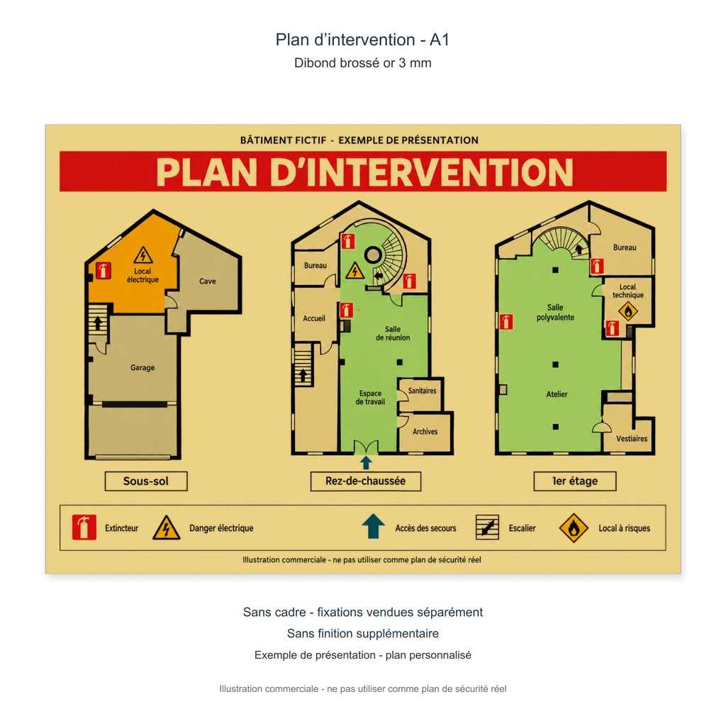 [PP-DRP-PI-DIBOA1-SC] Plan d’intervention A1 - Dibond aluminium brossé or 3 mm (Sans cadre ni fixation, Sans finition supplémentaire)