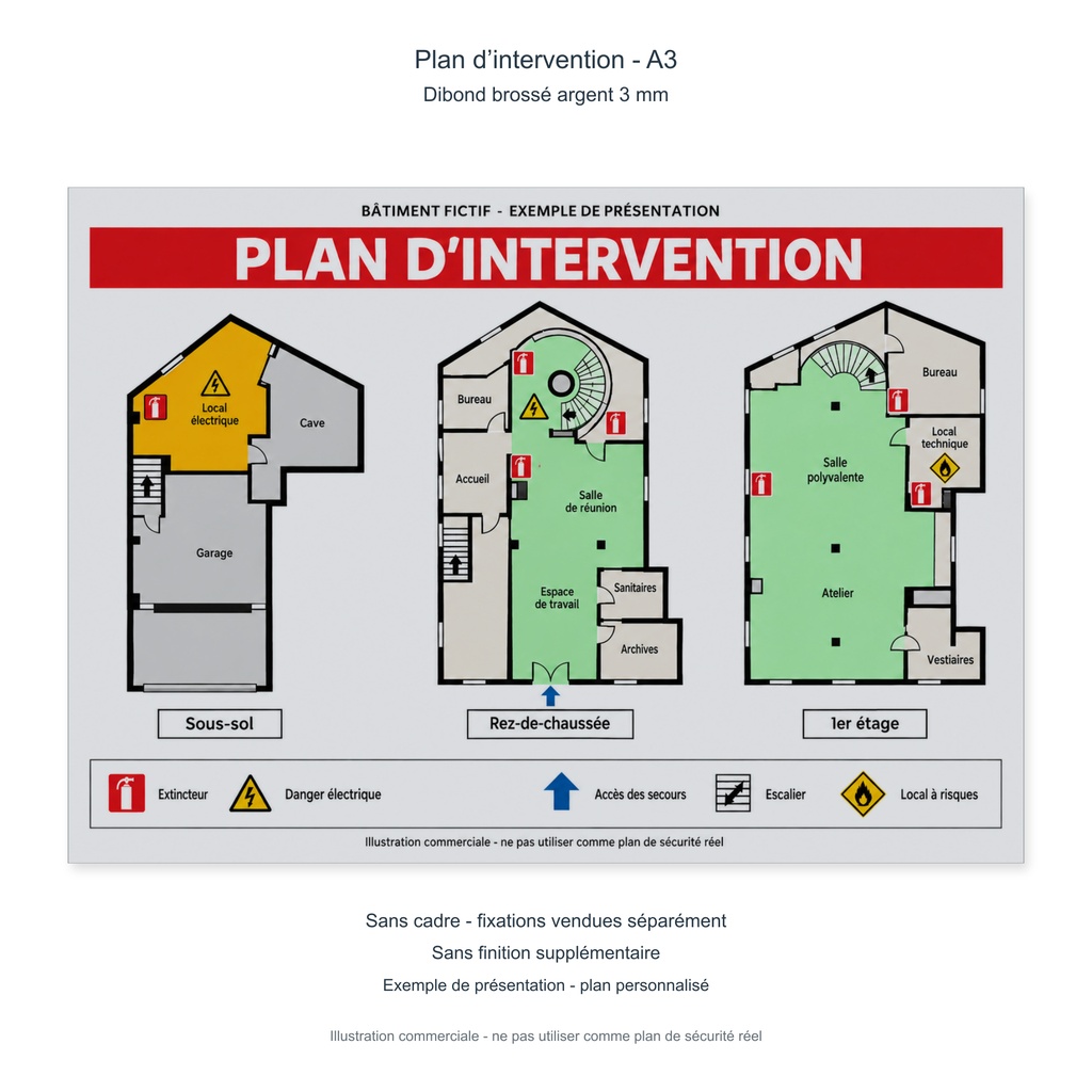 [PP-DRP-PI-DIBAA3-SC] Plan d’intervention A3 - Dibond aluminium brossé argent 3 mm (Sans cadre ni fixation, Sans finition supplémentaire)