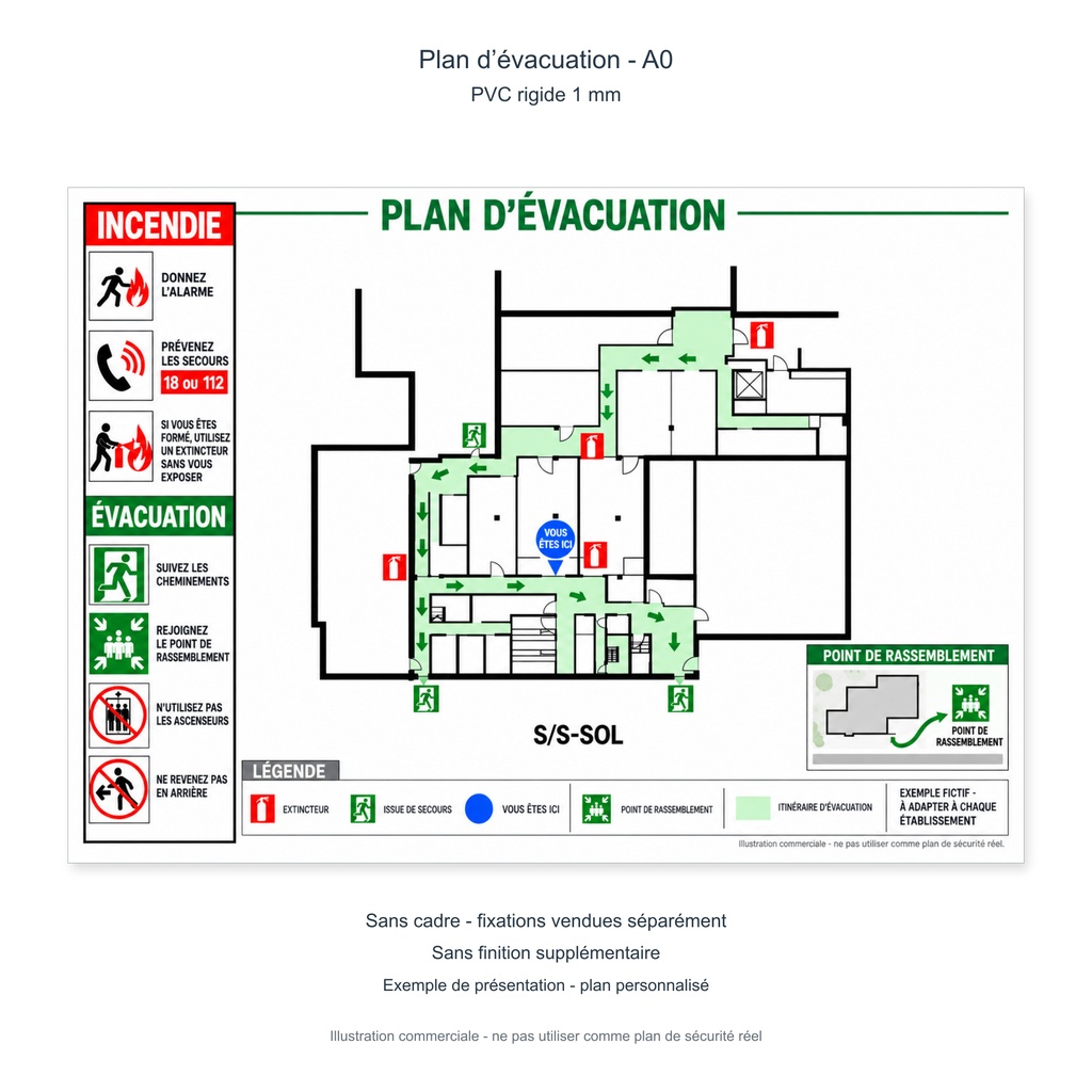 [PP-DRP-PE-PVC1A0-SC] Plan d’évacuation A0 - PVC rigide 1 mm (Sans cadre ni fixation, Sans finition supplémentaire, Sans adhésif photoluminescent)