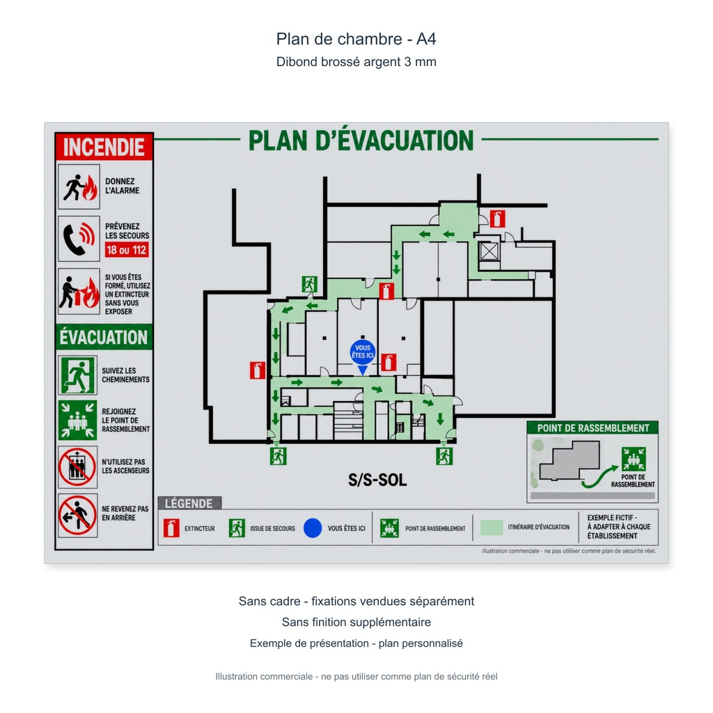 [PP-DRP-PC-DIBAA4-SC] Plan de chambre A4 - Dibond aluminium brossé argent 3 mm (Sans cadre ni fixation, Sans laminage)