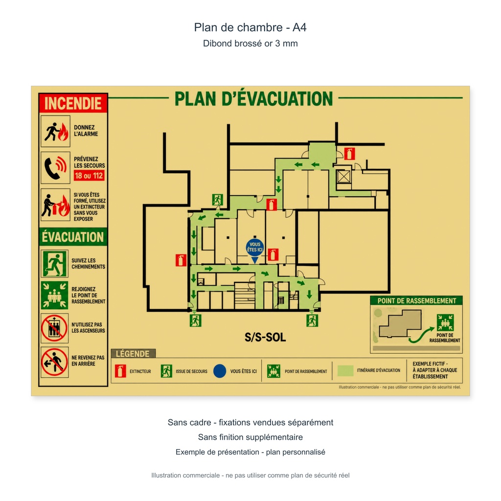 [PP-DRP-PC-DIBOA4-SC] Plan de chambre A4 - Dibond aluminium brossé or 3 mm (Sans cadre ni fixation, Sans laminage)